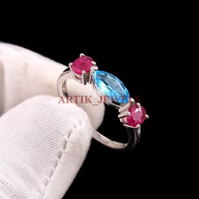 Ring Mit Natürlichem Blauem Topas & Gebrannter Ruby 925 Sterling Silber #4622 - Bild 1 von 4