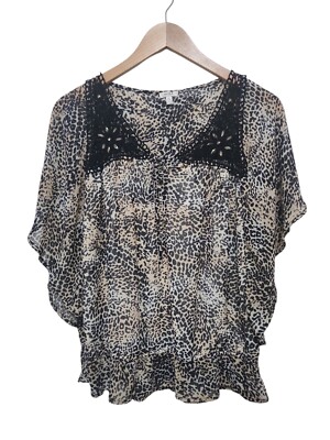 Nicola Womens Top Xl Brown Cheetah Print Lace Trim Beaded Elastic Hem Lined 