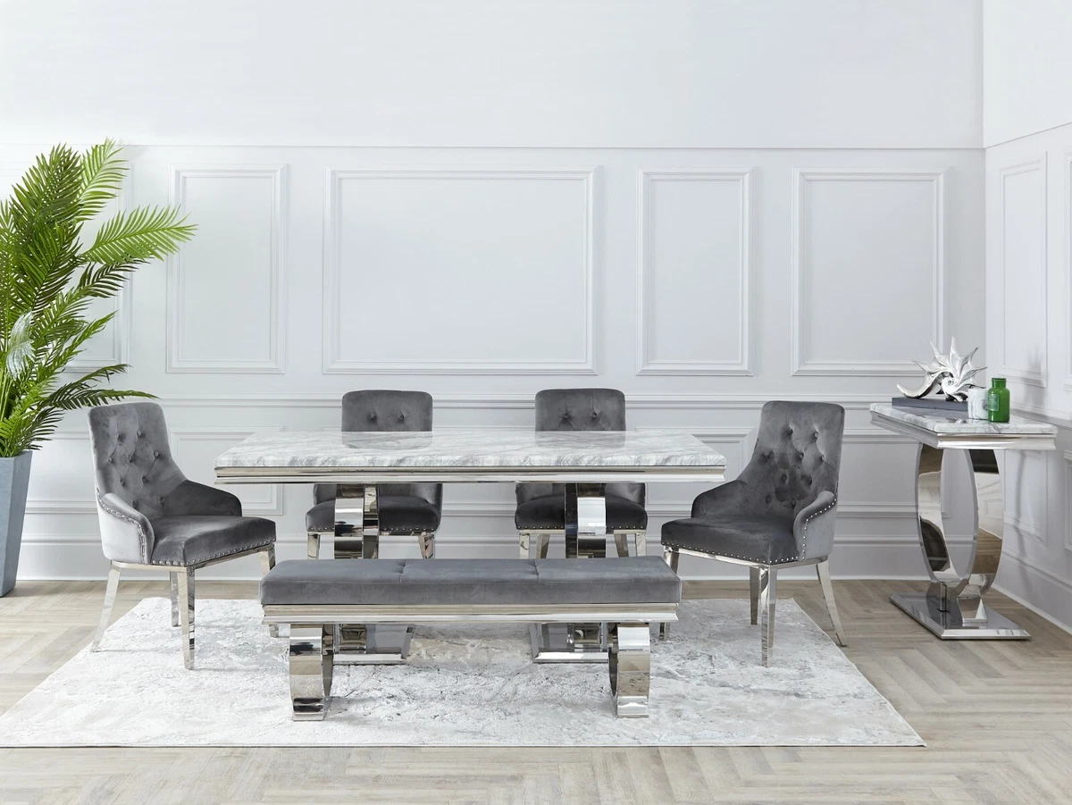 Arianna Dining Room SET Knocker Back Chairs Cream Grey Marble