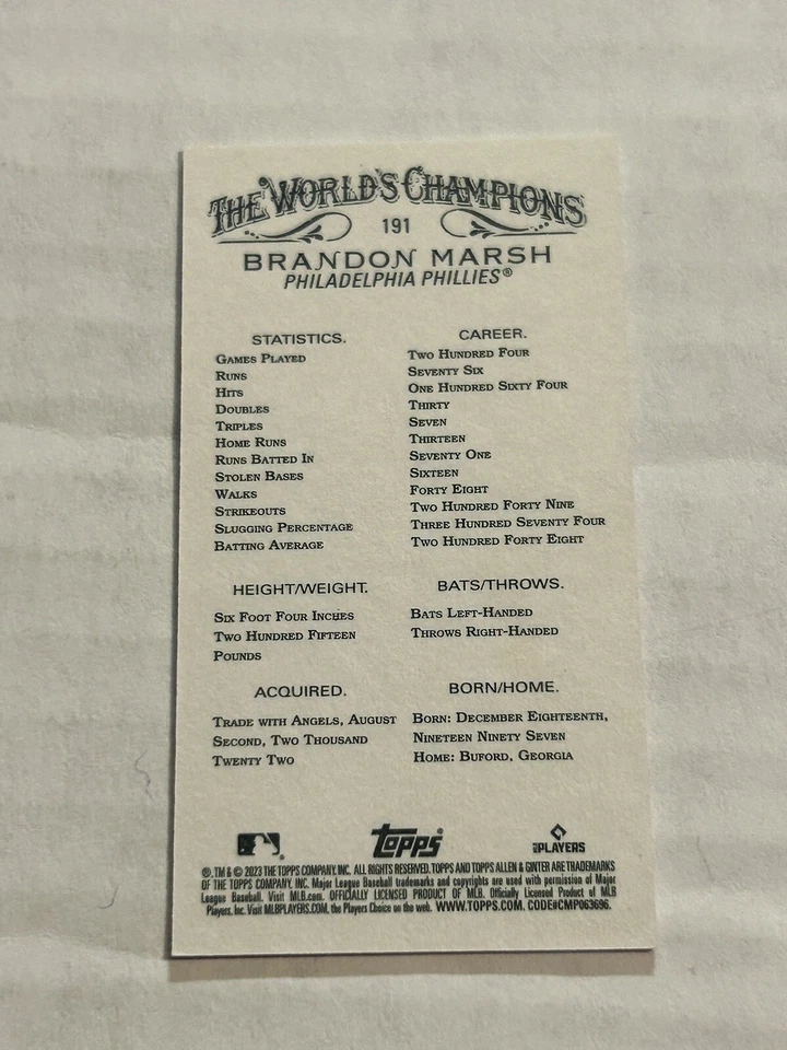 2023 TOPPS ALLEN & GINTER X BRANDON MARSH 5/5 RED MINI SSP PHILLIES COLOR MATCH - Image 2 of 2