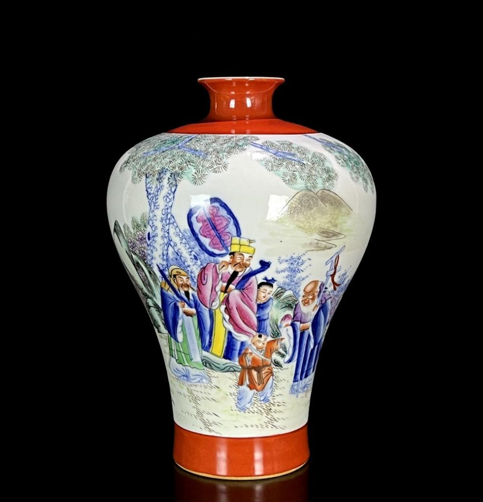 中国の置物 35CM Xianfeng Signed Old Chinese Iron Red Vase W/figure N940 | eBay