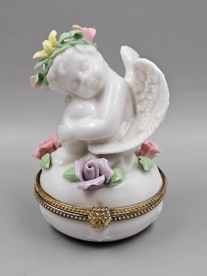 Vintage Porcelain Trinket Box La Vie Cherub Capodimonte Style Hinged Ring Box