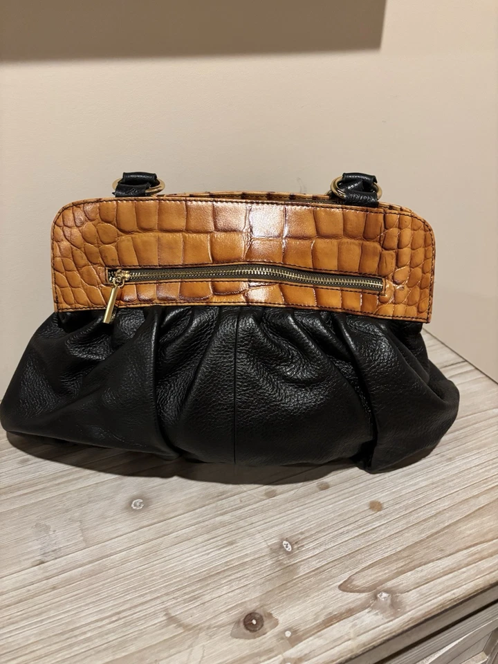 Tiffany And Fred Paris Black Leather W/Crocodile Leather Handbag  - Image 2 of 4