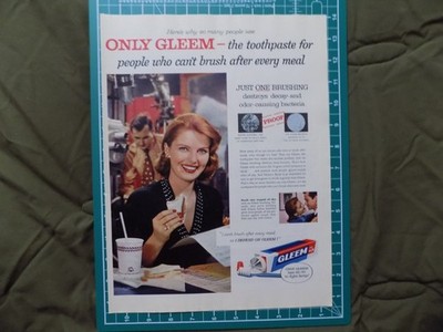 1956 PRINT AD  GLEEM TOOTHPASTE FOR PEOPLE WHO CANT BRUSH AFTER EVERY MEAL