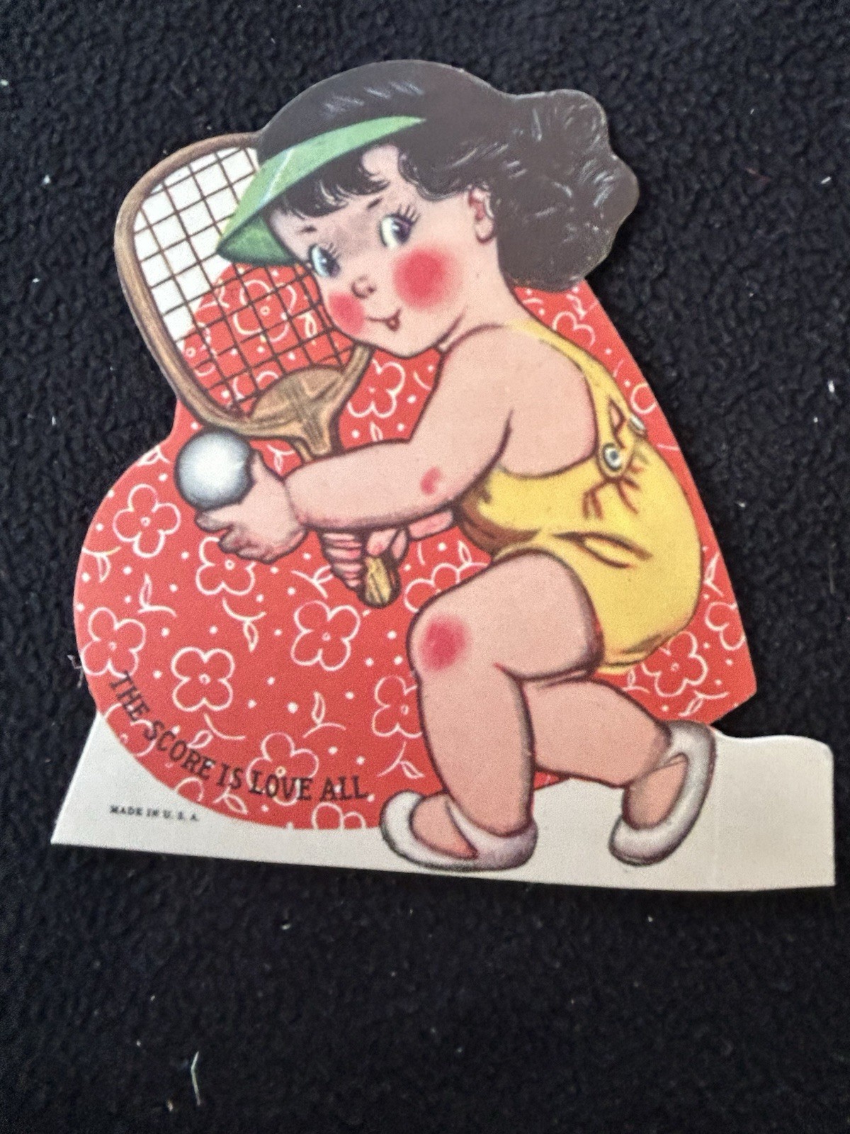 Vintage Valentine Card Tennis Girl Racket Heart Die Cut Score Is Love All 1950s