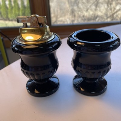 Vintage Black Glass Lighter Cigarette Holder Set Japan