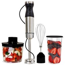 120V 250W Immersion Blender with Chopper Whisk & Beaker with Lid Black & Silver