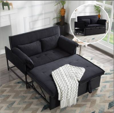 46'' Velvet Sleeper Sofa Bed Loveseat Twin Size 5-Position Recline 2 Pillow Black