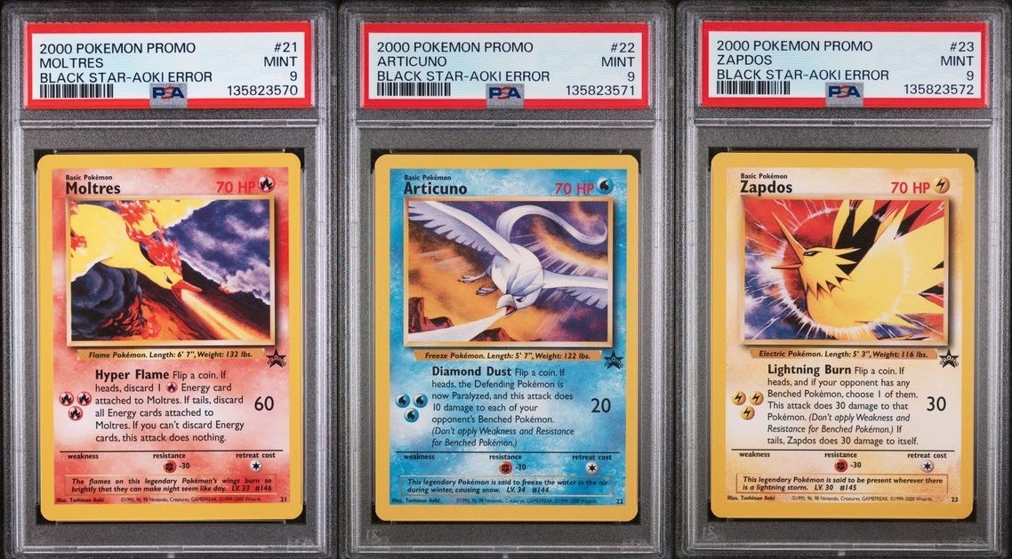 2000 POKEMON PROMO MOLTRES #21 ARTICUNO #22 ZAPDOS #23 AOKI ERROR PSA 9 SEQ SET