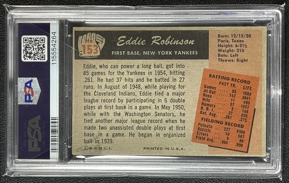 EDDIE ROBINSON PSA 4 1955 BOWMAN BASEBALL #153 YANKEES 4264 - Image 2 of 2