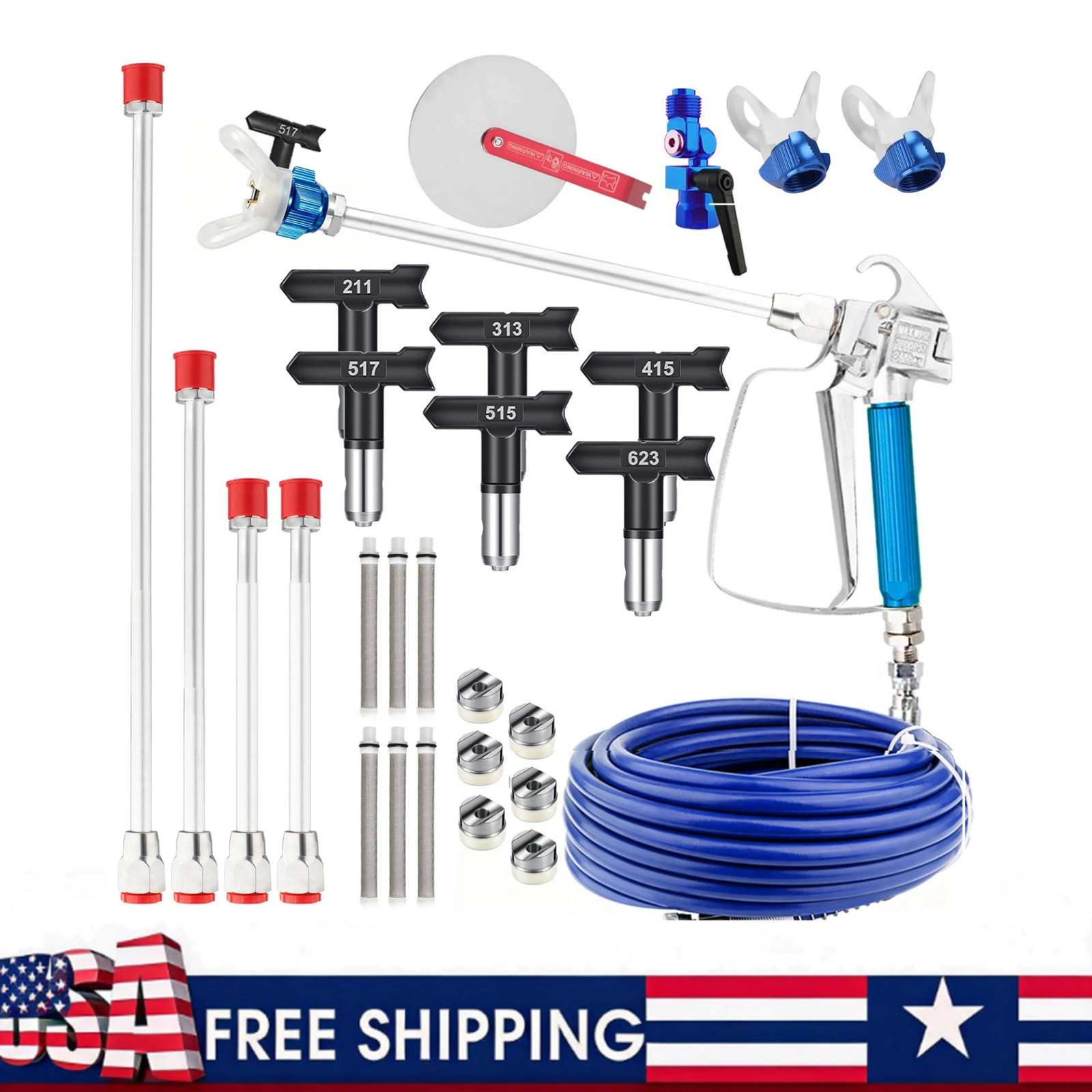 33 pcs Airless Paint Sprayer Gun Kit 3600 PSI w/ 50ft High-Pressure Hose 6 Spray
