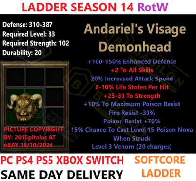  PC PS4 PS5 XBOX SWITCH   LADDER ANDARIEL VISAGE 9-10LL DIABLO 2 RESURRECTED D2R