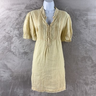 120% Lino Dress Womens Size 42 Yellow Linen Puff Sleeve Boho Mini Dress
