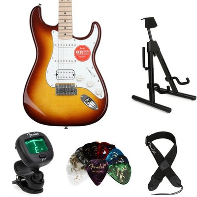 Squier Affinity Series Stratocaster Electric Guitar Essentials Bundle - Sienna