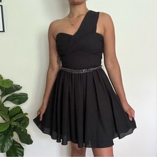 Express One Shoulder Cocktail Party Mini Dress Sz 4 Black Edgy Chic Chain Belt
