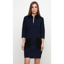 Winsor London Navy Blue Collared 3/4 Sleeve Pocket Dress M EUC