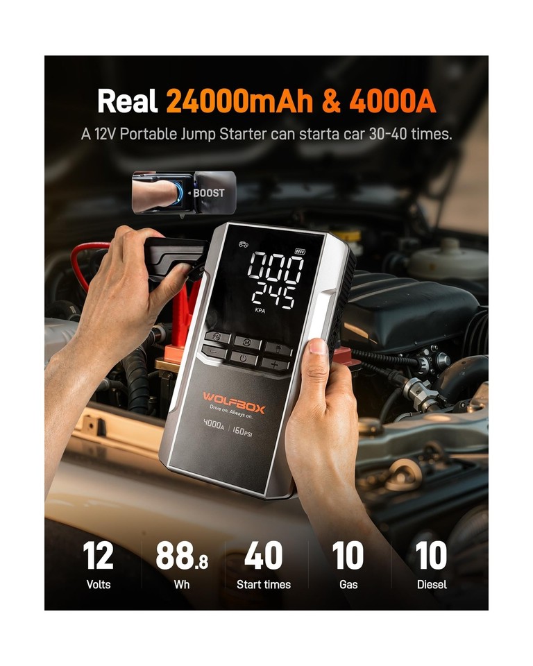 Wolfbox Jumpstarter met Compressor - 3000A/16.000mAh – Startkabels met
