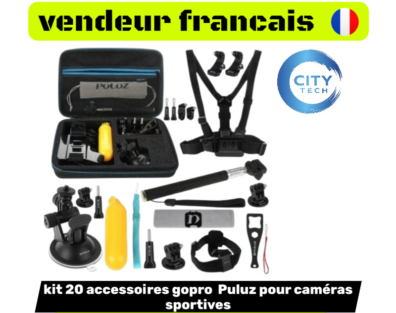 Kit 20 accessoires GoPro Puluz avec harnais poitrine et ventouse Osmo Action 5 Pro