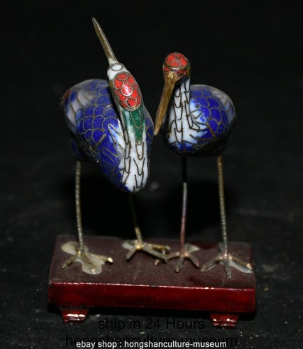 3.6" Old Chinese Dynasty Copper Cloisonne Fengshui Crane Bird Sculpture Pair - Picture 3 of 5