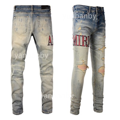 BNWT Men's New Pop Pants Ripped Word Embroidered Skinny Blue Denim Jeans AM888C