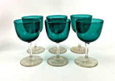 7 Antique FLINT glass wine glasses blue/green with clear stems F? c.1850-60s