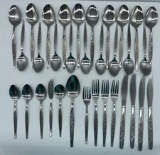 Vintage National Stainless Caress Rosevine Flatware 33 Assorted Pieces
