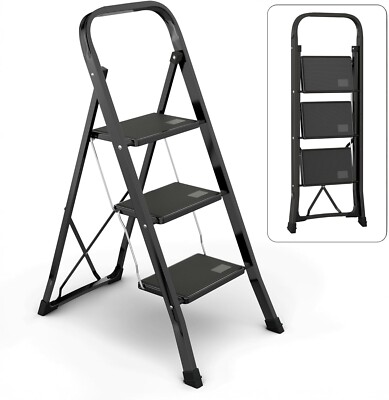Steel Folding 3-Step Stool Ladder Adults With Soft-Grip Handle 330 Lbs Black