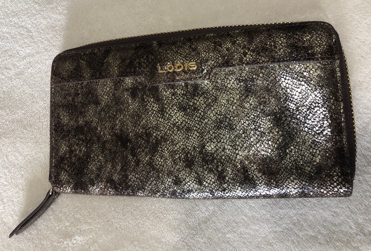 LODIS Metallic Gold Snake Print Zip Around Wallet EUC | eBay