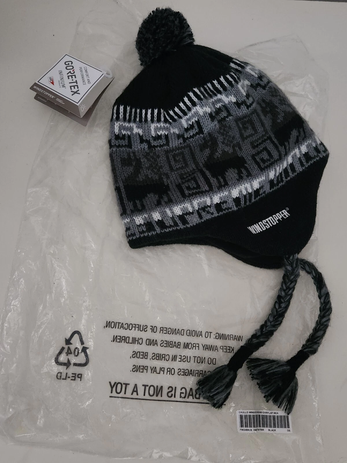 Chullo Windstopper À Oreilles Beanie Noir Gris Nouveau GORE TEX Tricoté
