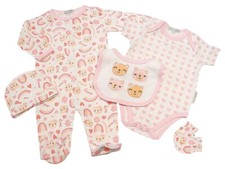 Baby Girl Sleepsuit 5 Pce Layette Set Bodysuit Bib Hat Mitts Cat Bear Rainbows