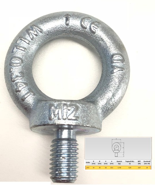 M12 Eye bolt Lifting Weight 750Lbs. Eyebolts DIN 580 WLL 0,34t