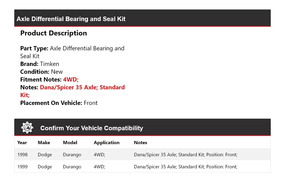 For 1998-1999 Dodge Durango Axle Differential Bearing and Seal Kit Front Timken - Image 2 of 3