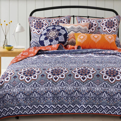 MEDINA MEDALLION 3pc Queen QUILT SET : COTTON BOHO BLUE ORANGE MANDALA MOROCCO