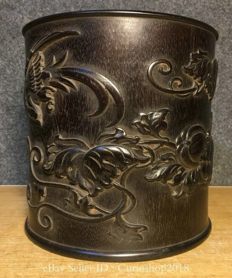 Jarrón lápiz 7,6" dinastía china palo de rosa tallado en madera pájaro fénix cepillo maceta Foto 4 de 4