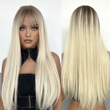 Long Striaght Wig with Bangs Ombre Blonde Synthetic Hair Wigs