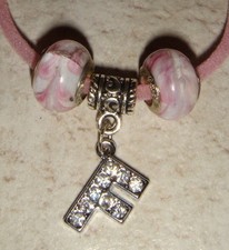 A-Z Initial Alphabet Letter Rhinestone Charm Necklace Lg Hole Beads Velour Cord