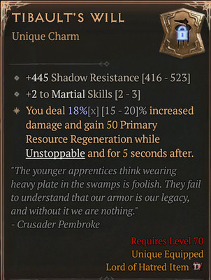  DIABLO 4 SEASON 13 LoH Unique Charm Tibault's Will 2 Martial + SR 18% GGEVI