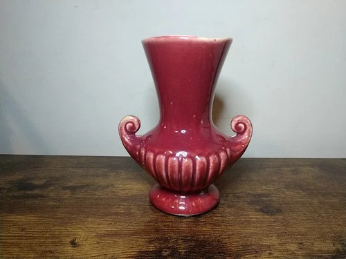McCoy Pottery Vase Red Burgundy Vintage with Handles Made in the USA 6” MCM