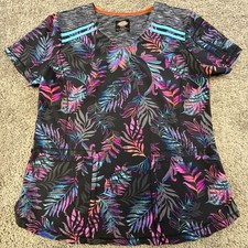 Dickies Scrub Top Women's Medium Black Tropical Print V-Neck Zip Sleeve Pocket