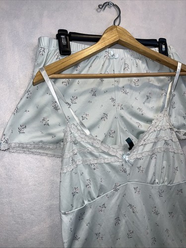 Laura Ashley Women's Sleepwear Blue Flower Lace & Bow Cami/Short Set Size L 2PC - Picture 2 of 4