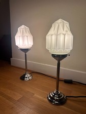 DOMICIL PAIR 1930s ANTIQUE VINTAGE ART DECO CHROME GLASS SKYSCRAPER TABLE LAMPS