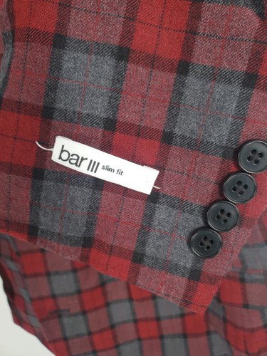Bar III Blazer Mens 40S Red Grey Plaid Wool Slim Fit Sport Coat Jacket Damaged - Picture 7 of 15