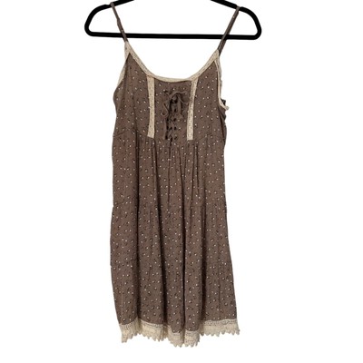 Sacred Threads Dress Size ML Brown Sleeveless Floral Crochet Trim Knee Length