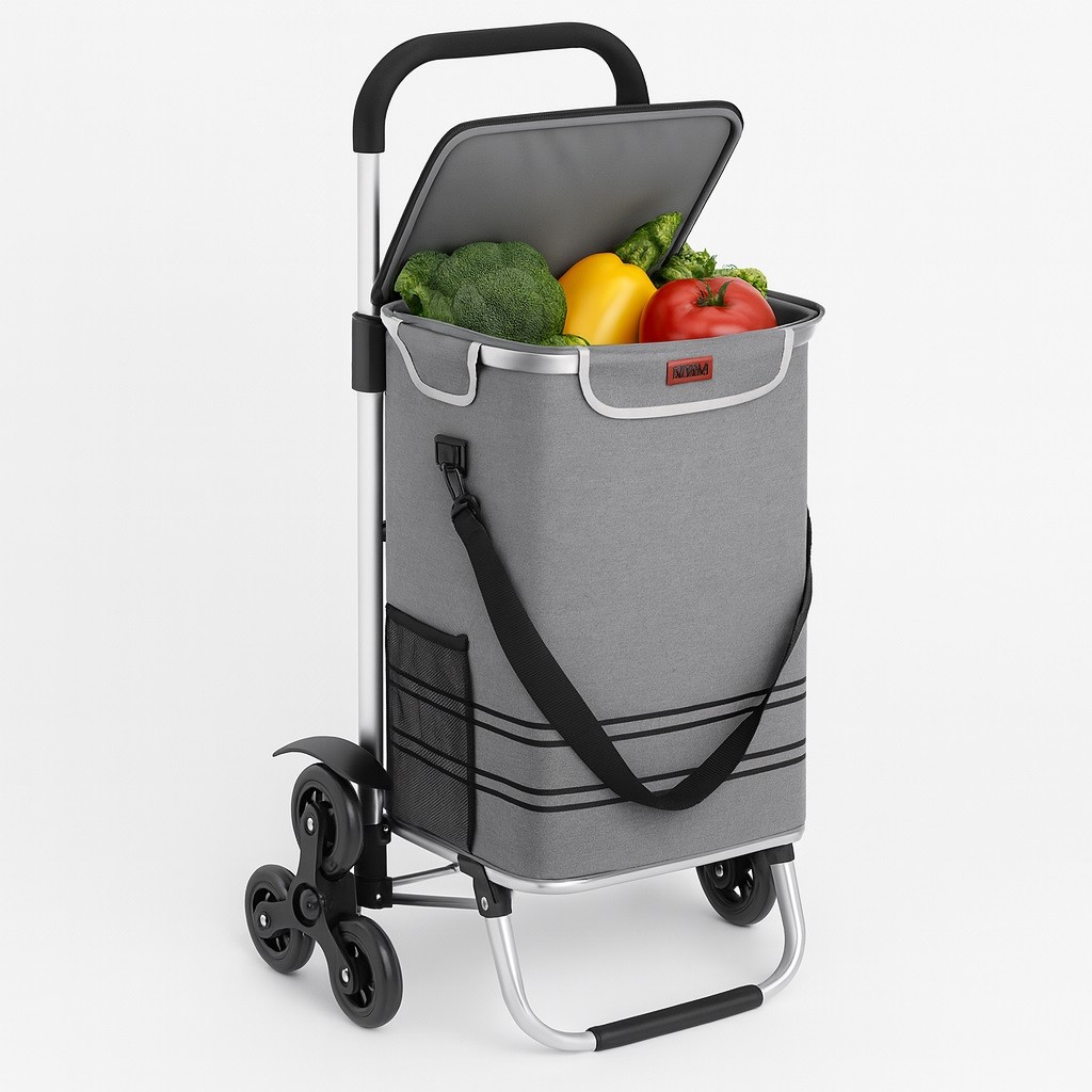 Carrello Spesa Montascale 50L Pieghevole Borsa Termica Impermeabile 6Ruote Grigi
