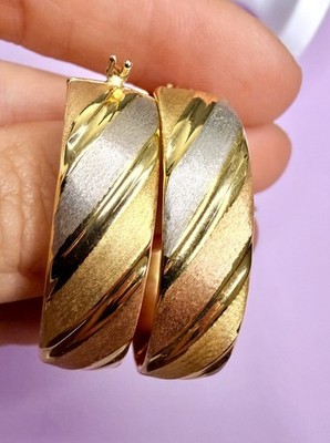 Vintage 18K Tri-Color Gold Chunky Hoop Earrings 7.13g Wide Oval Fluted Hoops