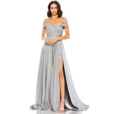 Mac Duggal 67485 Pearl Gray Chiffon Satin Off Shoulder Gown 10
