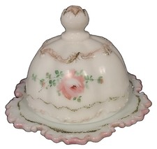 Victorian Hand Painted Roses White Milk Glass Butter Dish Cheese Dome Cottage