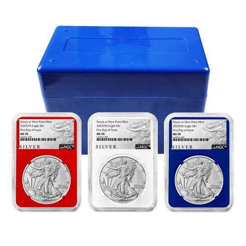 2025 (W) $1 American Silver Eagle 3pc Set NGC MS70 FDI ALS Label Red White Blue
