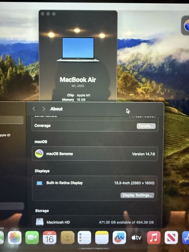 Apple MacBook Air 13” A2337 (2020) Apple M1 16GB Memory 500GB SSD - Zdjęcie 7 z 9