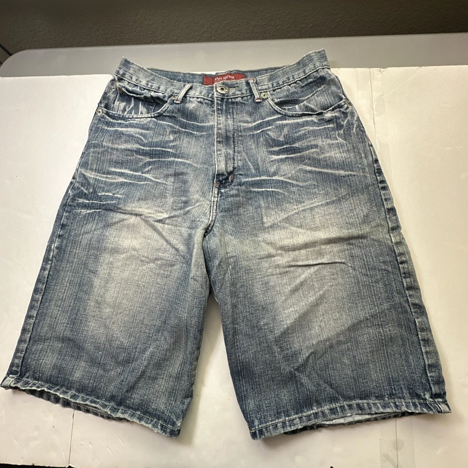 Pantalones Cortos de Denim Brooklyn Xpress Para Hombres Y2K Relajado Hip Hop Desteñido Azul Talla-34 #306 Foto 2 de 4